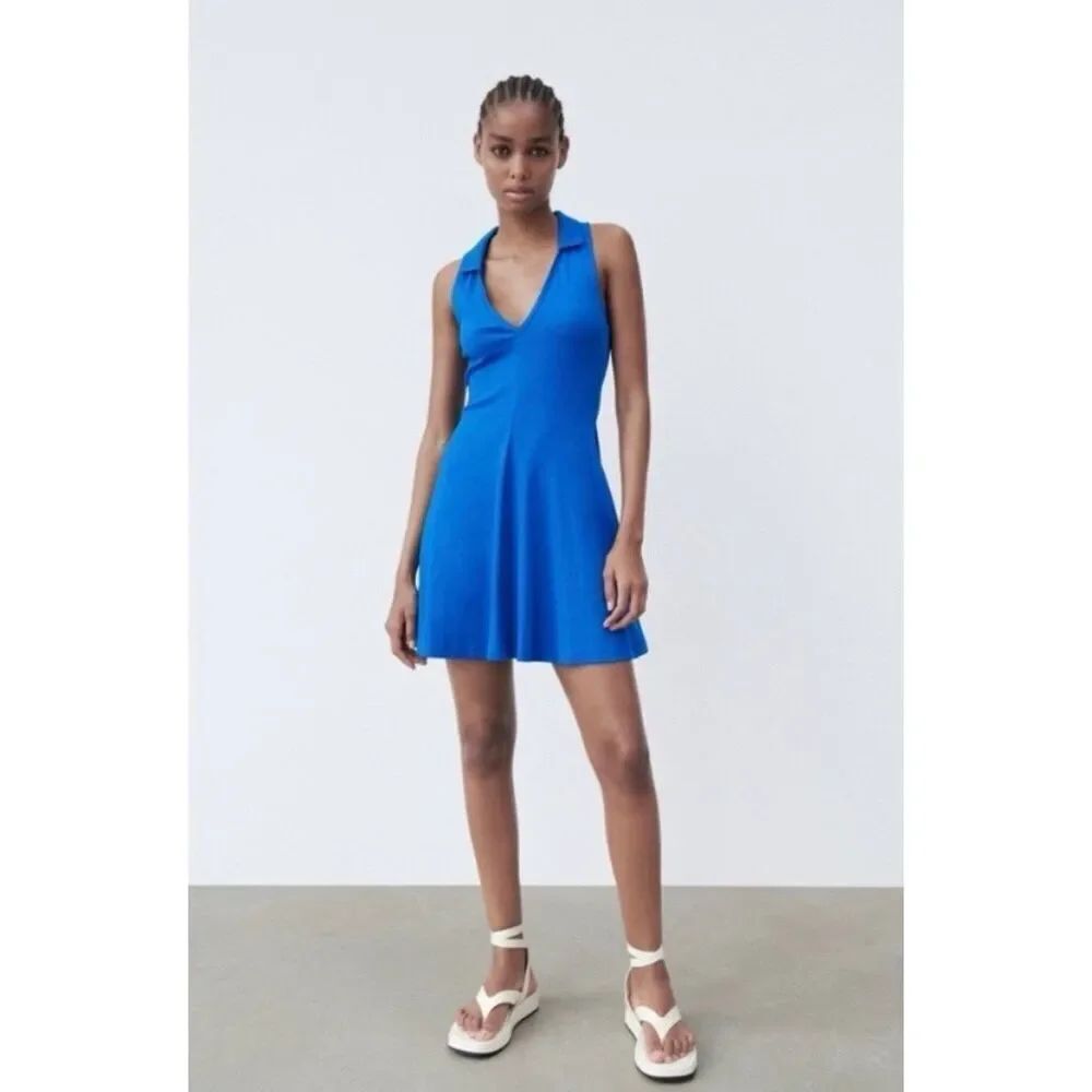 ✨ZARA Lapel Collar Ribbed Royal Blue Sz Large Dress✨